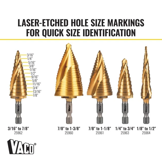 Klein Tools 25962 Step Drill Bit, Spiral Double-Fluted, 3/16" to 7/8", VACO 6