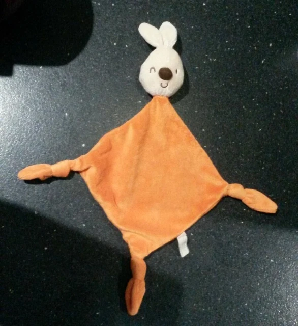 Doudou carré blanc Paris lapin orange beige 3 noeuds plat velours CARREBLANC TBE