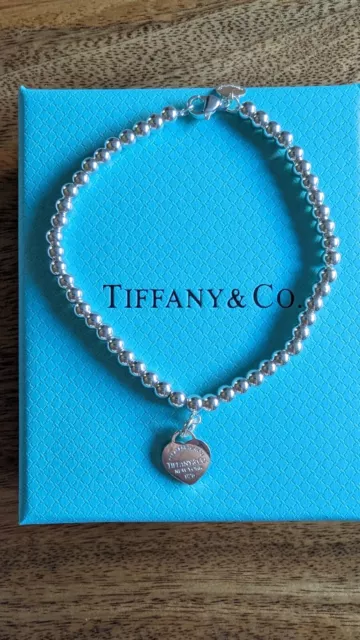 Tiffany & Co Silver & Blue Enamel Heart Tag Mini Bead Bracelet RRP $460.