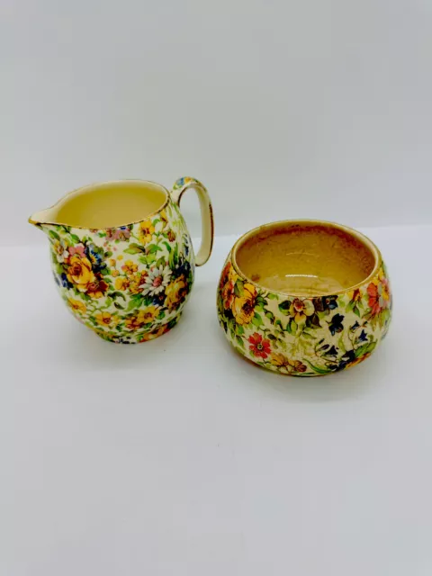 2 Vintage Royal Winton Grimwades Old Cottage Chinz open sugar creamer READ