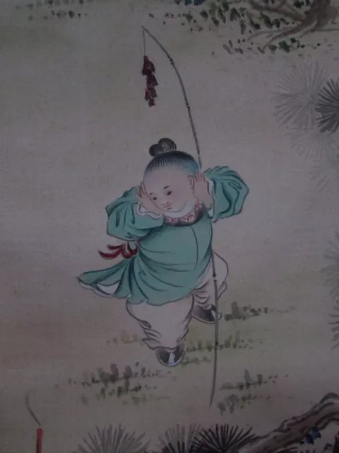 Old Antique Japanese Silk Painting Artist Signed Stamped Children Playing