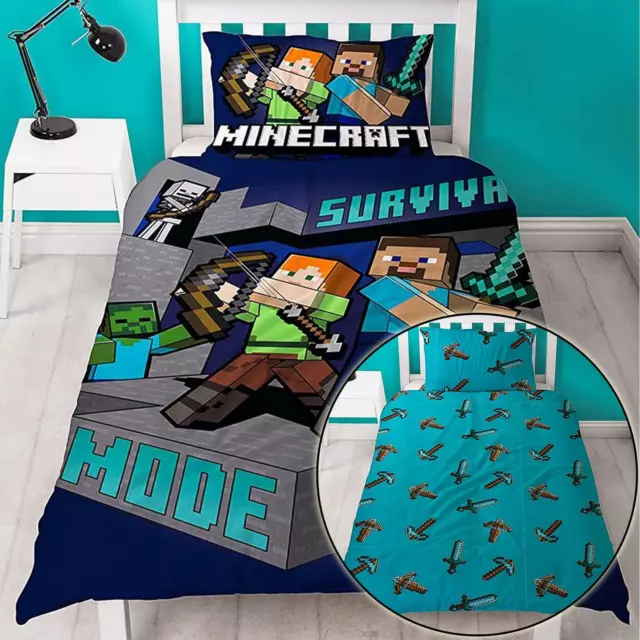 Minecraft Sopravvivere Set Copripiumino Singolo Reversibile Gioco Bambini