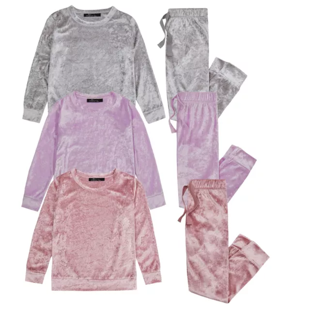 Girls Kids Pyjamas PJ Set Crushed Velvet Velour Soft Loungewear Sleep Nightwear