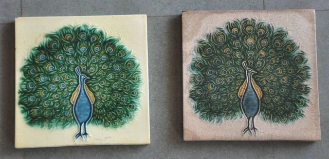 2 Pc Vintage Colorful HS Mark Peacock Embossed Ceramic Tiles, Japan 2