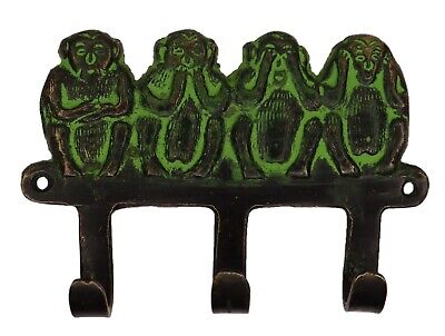 4 Monkeys Shape 3 Hook Victorian Style Handmade Brass Cloth Key Wall Hanger Hook