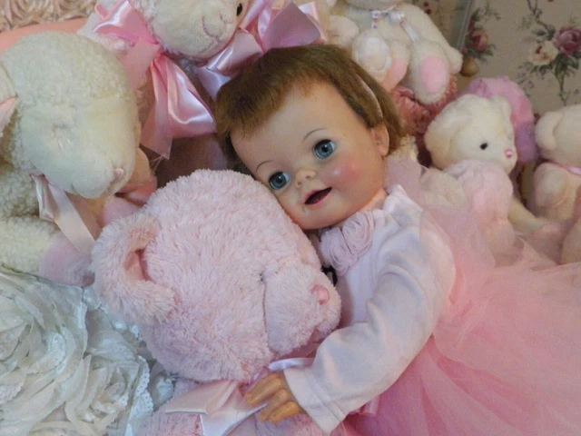 Ideal BIBSY Baby Doll 21" Tall D-20-1 Adorable Face from 1960 Pink Velvet Jumper