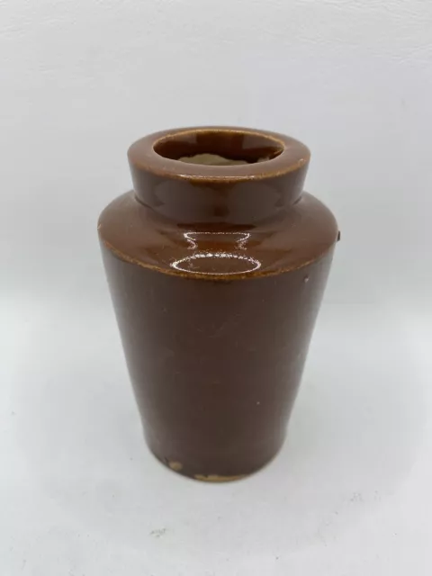 Vintage Brown Glazed Natural Clay Stoneware Pottery Ink Inkwell Bottle Jar Crock