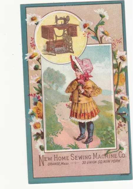 New Home Sewing Machine Orange MA NY Girl in Gold Dress on Path Vict Card c1880s