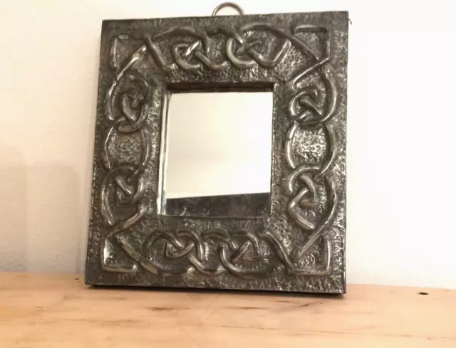 Vintage Scottish pewter Arts & Crafts style Celtic design mirror.