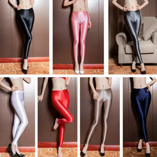 Women's Shiny Satin Spandex Leggings High Glossy Opaque Nylon Tricot Yoga Pants 3