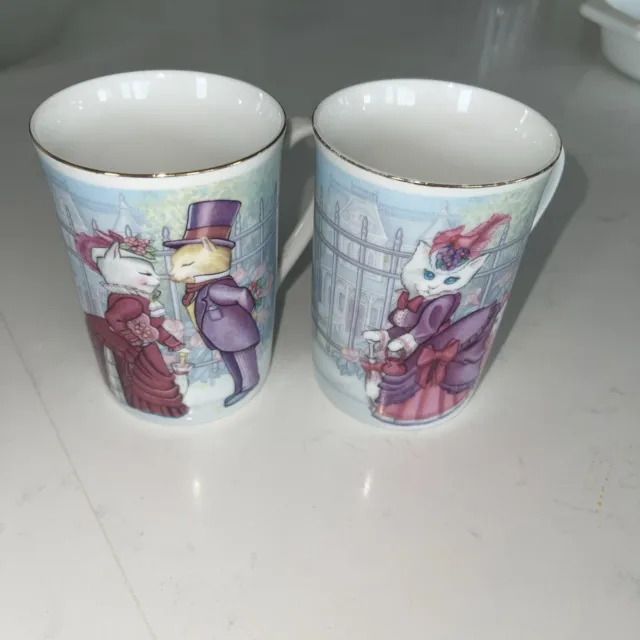 VTG OTAGIRI Japan Matt Hromalik Anthropomorphic Fancy Cat Pair Mugs Cups