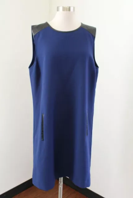 C Wonder Navy Blue Black Faux Leather Trim Sleeveless Shift Dress Size XL