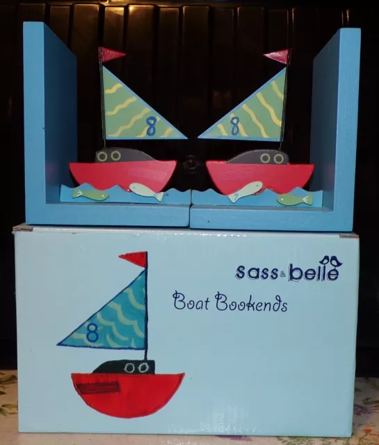 Pair of Colourful Wooden Sass & Belle Sailing Boat Bookends Childs Bedroom Shelf