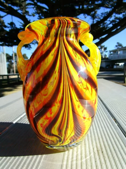 Art Glass Hand Blown Vase Amber Brown Yellow with Handles  7-1/4” Tall