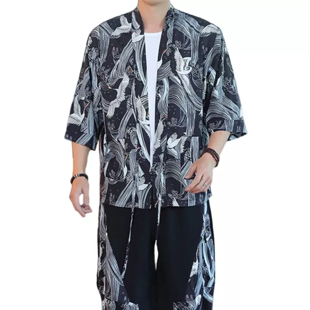 Uomo Kimono Camicia Set Pantaloni Yukata Top Elastico Vita Capri Casual