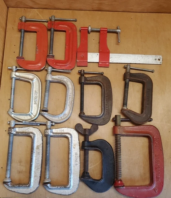 Lot of 11 Vintage 3" to 4" C-CLAMPS USA (some branded) Adjustable Malleable VGUC