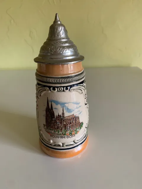 chope à bière ancienne couvercle étain peinte koln cologne, H 16cm, 20 cl