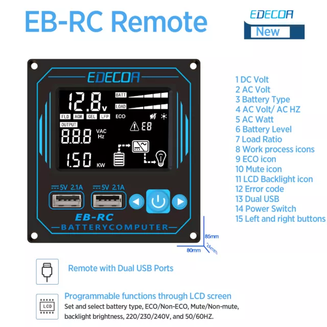 EDECOA 1500W Convertisseur 12V 220V Pur Sinus Inverter 2X USB EB-RC Remote APP 3