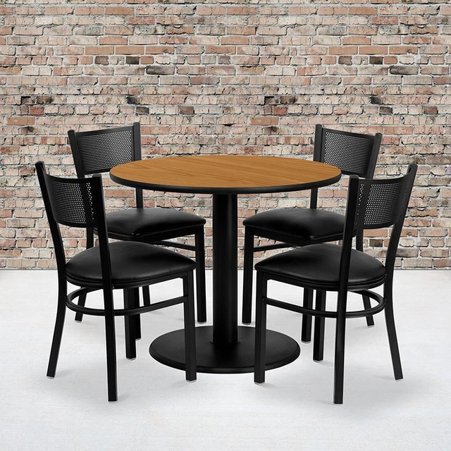 36'' Round Natural Laminate Table Set w/4 Grid Back Metal Chairs - Black Vinyl S