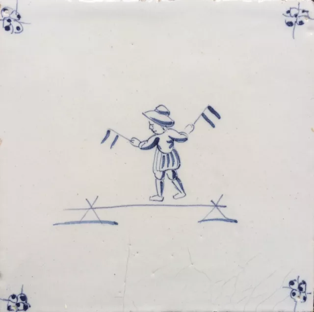 Antique Dutch Delft Tile Juggler + Flags Circa 1750