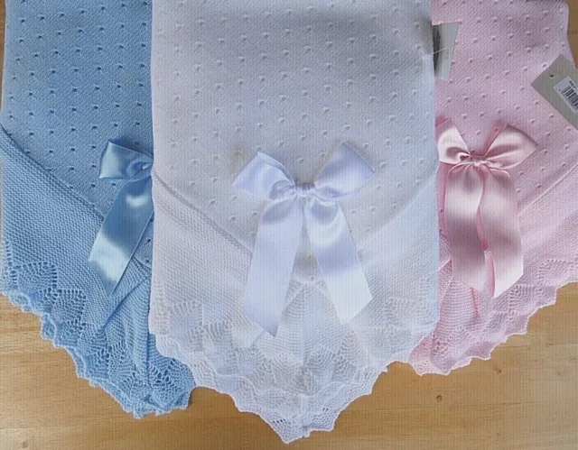 Baby Knit Shawl Blanket Crochet Pink Blue Christening 100x100cm Boxed Portuguese