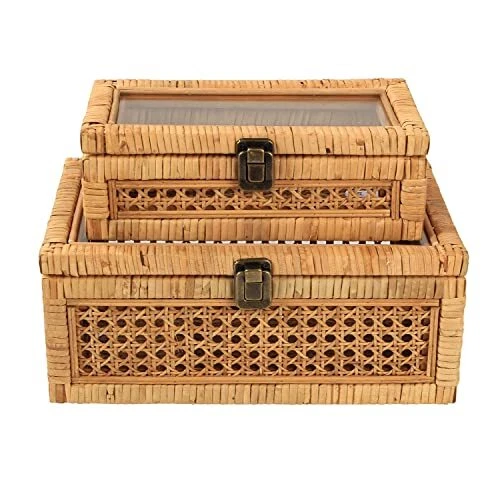 HUAXIN CRAFT H Rattan Box with Lids, Rectangular Woven Case with Glass for