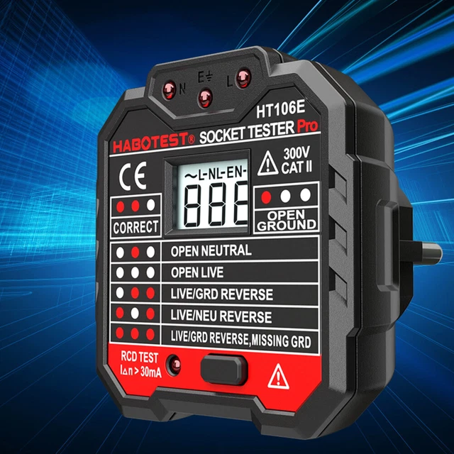 Akozon HT106D Tester Per Prese Elettriche, Rilevatore Di Polarità E Tensione Con Display LCD, Test RCD 30mA, 220V