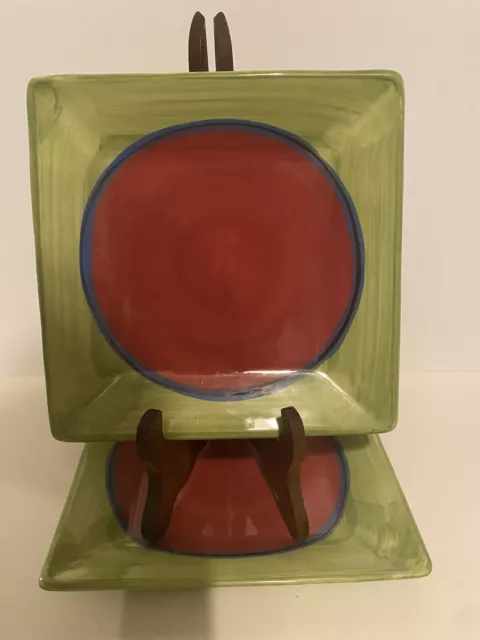 Set 2 Gail Pittman Creation Green Red Blue Discontinued 8x8 Salad Plates Signed