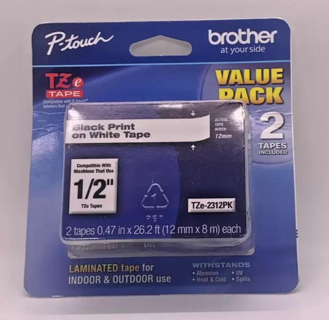 Brother Genuine P-Touch TZe-2312PK Black White Laminated Tape 2 Pack