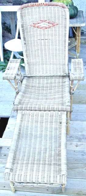 Antique Armchair Chair Long Armrests Rattan Wicker Wood 1940: Vintage