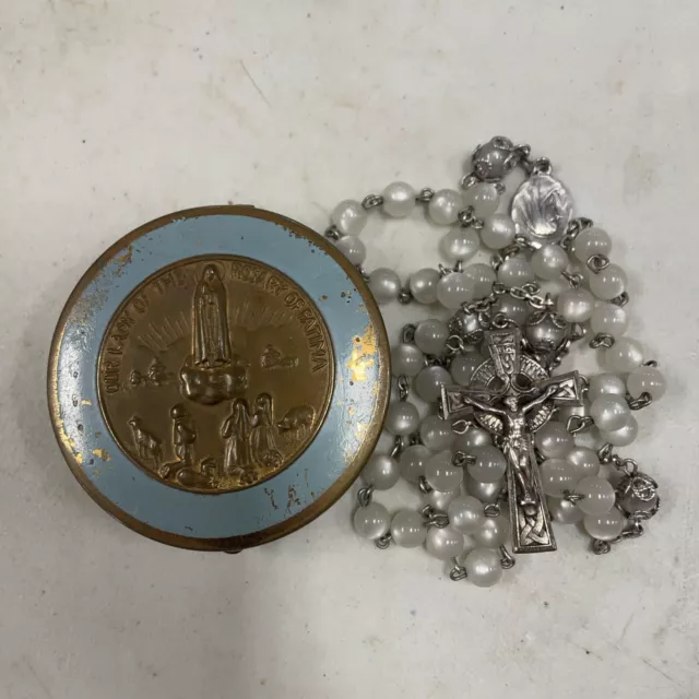 Our Lady of Fatima's metal rosary box, W/ Sterling Rosary Bead Necklace