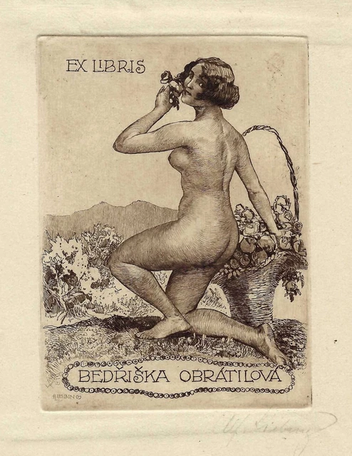Alfred Liebing: Exlibris / Weibl. Akt mit Blumen, Gebirge Alfred Liebing: Exlibris / Weibl. Akt mit Blumen, Gebirge