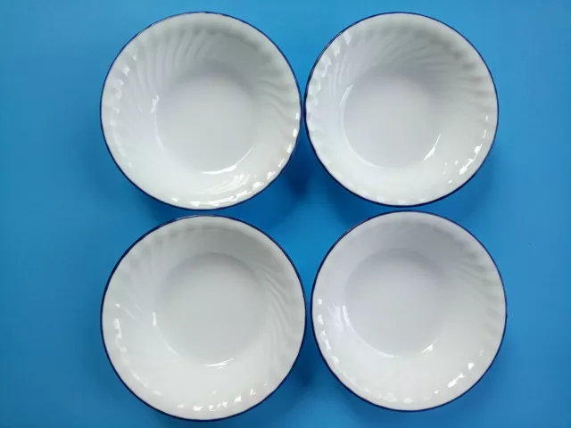 Set of (4) Corelle Enhancements White Swirl Cobalt Blue Trim Cereal Soup Bowls