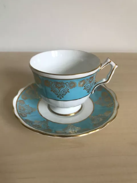 Aynsley Tea Cup Saucer Set English Bone China Turquoise Blue Gold Vintage