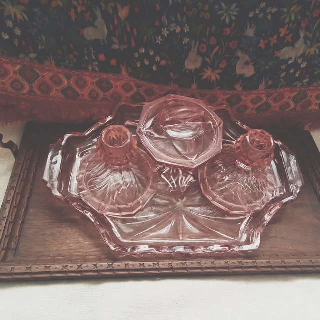 open lace back dress French Pink Glass Dressing Table Set.  French Originals