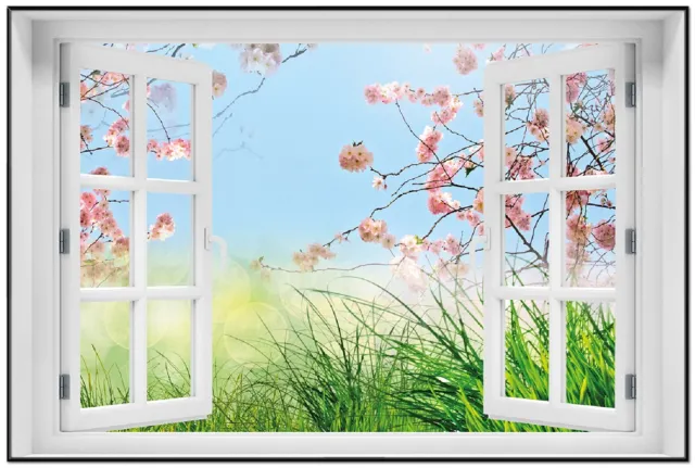 Wallario Poster mit Fenster-Illusion Kirschblütenzweige grüne Wiese- Frühling