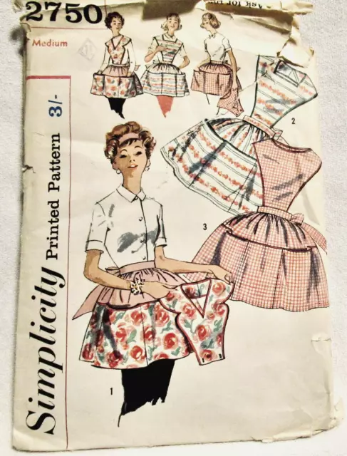 1950'S Simplicity Pattern 2750 Apron W Detachable Bib Pockets Tie Waist Size M