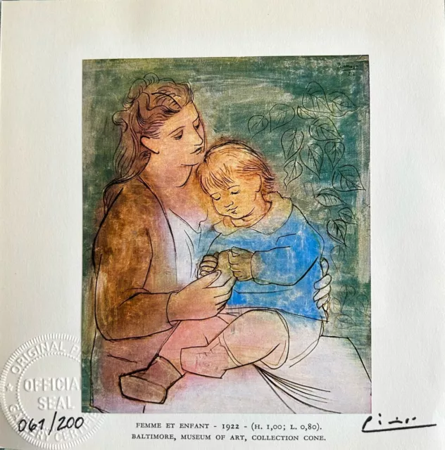 Estampado original firmado a mano por Pablo Picasso - madre e hijo 2