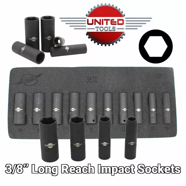 Deep Impact Socket Set 3/8'' Drive 10pc Long Reach Sockets 10-19mm 3810 Hex