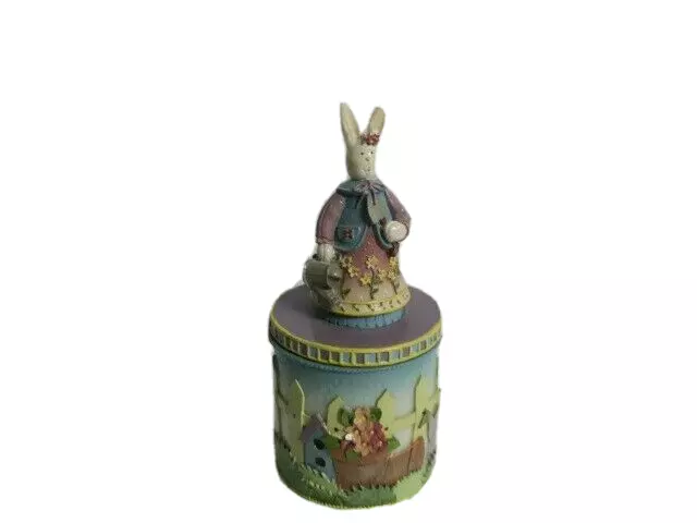 Rabbit Box Round w/ White Bunny on Top Holding A Basket 6.5 X 3'' Detailed