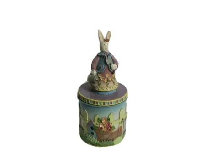 Rabbit Box Round w/ White Bunny on Top Holding A Basket 6.5 X 3'' Detailed