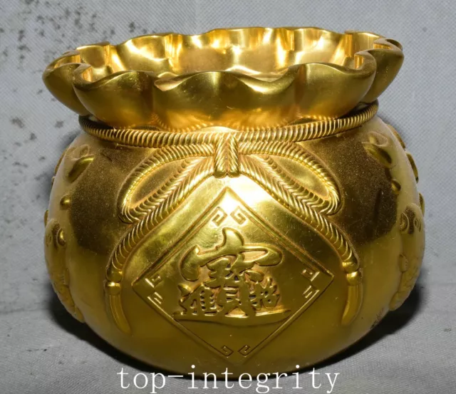 5.5'' Old China Dynasty Palace Bronze Wealth Yuanbao Money Coin Pot Jar Crock