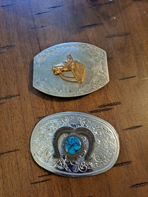Lot 2 Vtg Horse Western Americana Horseshoe Metal Belt Buckles