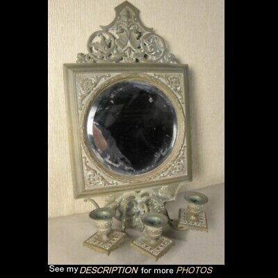 Antique Eastlake Brass / Bronze Beveld Wall Mirror / 3 Candle Sconce Candelabra