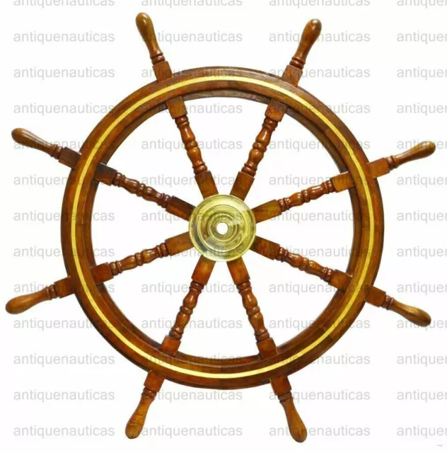 36" Brass Wooden Steering Nautical Beach Maritime Boat Ships Wheel Captains