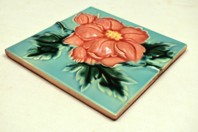 Antique Saji Japan Tile Majolica Art Nouveau Ceramic Rose High Embossed Rare"43 3