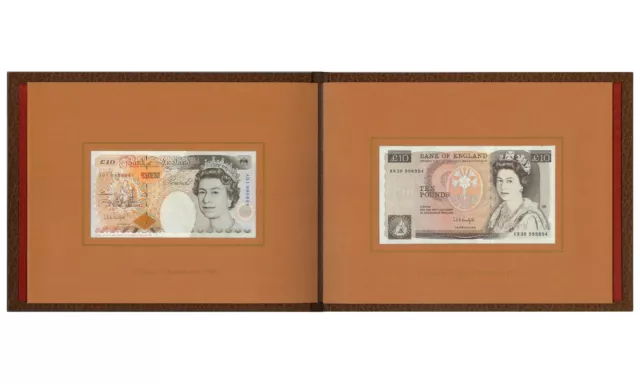 UK Pair of 10 Pounds Banknotes First & Last Prefix W/ Matching Numbers in Folder