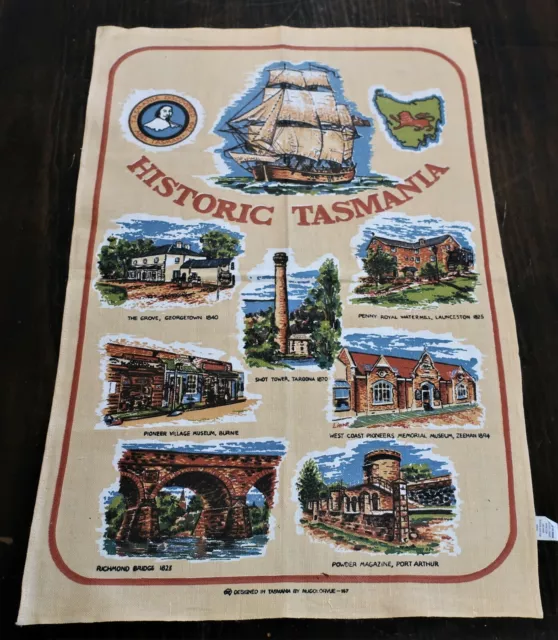 Vintage Unused Linen/Cotton Tea Towel Souvenir Of Tasmania Nucolorvue