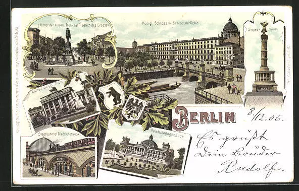 Lithographie Berlin, Reichstagsgebäude, Sieges-Säule, Brandenburger Tor 1906