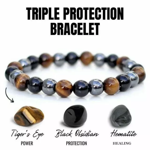 Obsidian Tiger Eye Hematite Bracelet Triple Protection Bangle Womens Men Jewelry